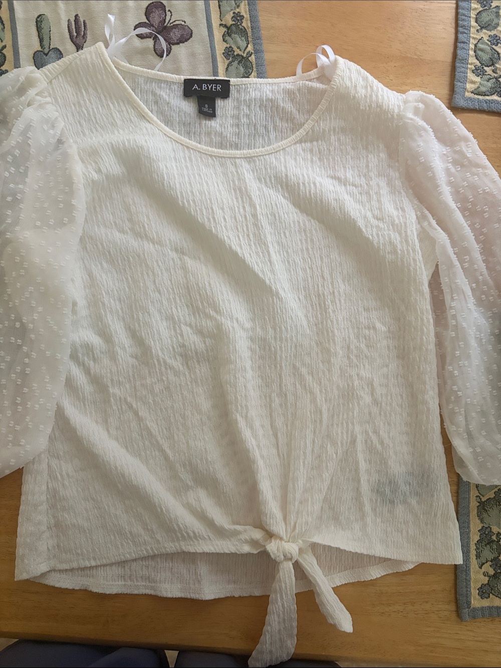 A. Byer White Tie-Front Puff Sleeve Blouse